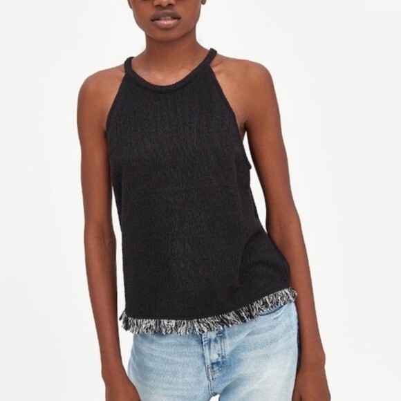 Zara Trafaluc black tweed halter top with fringe hem women's size small - Picture 1 of 8